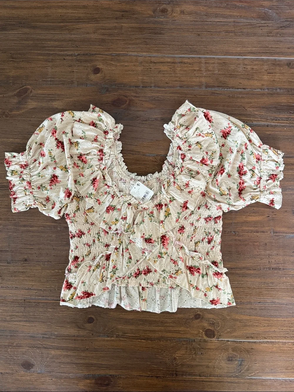 NWT Free People Favorite Girl Floral Smocked Ruffled Boho Top L